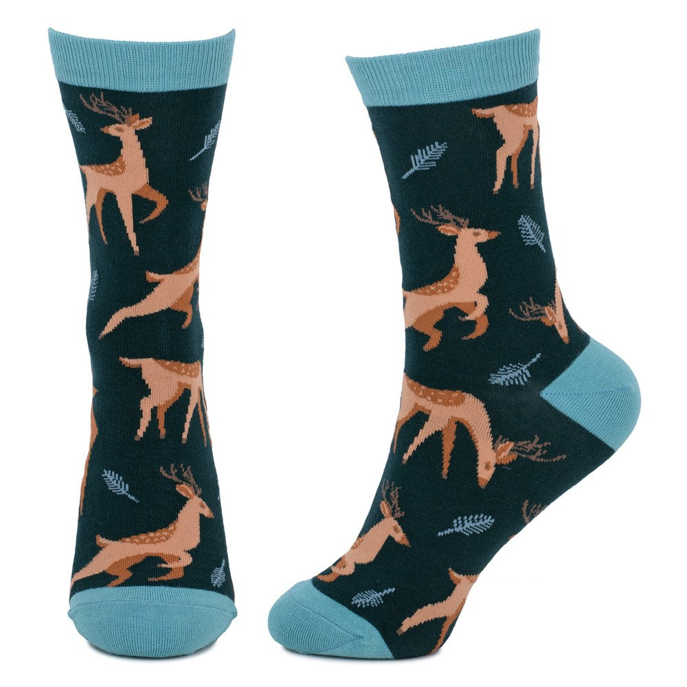 Ladies Woodland Fawn Teal Green Socks