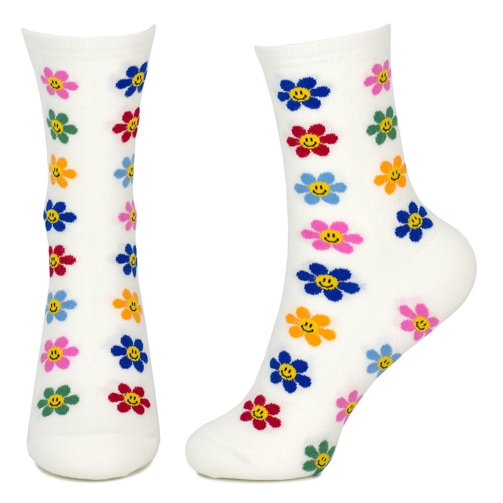 Ladies Retro Smile Daisy White Socks