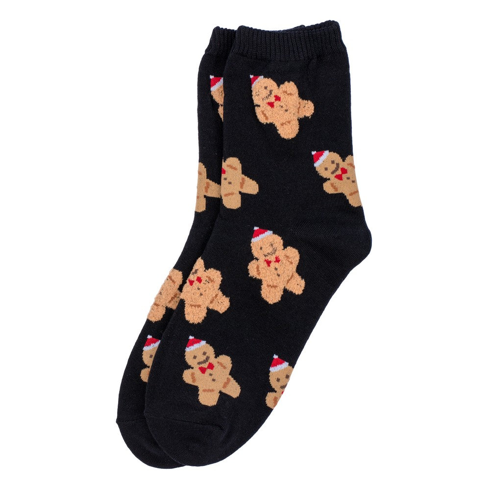 Ladies Gingerbread Print Socks – Black
