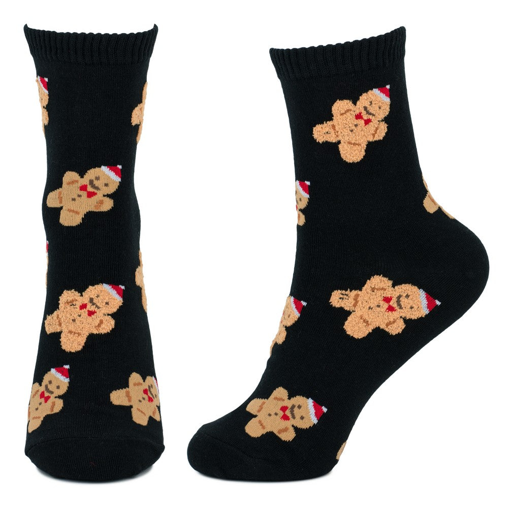 Ladies Gingerbread Print Socks – Black