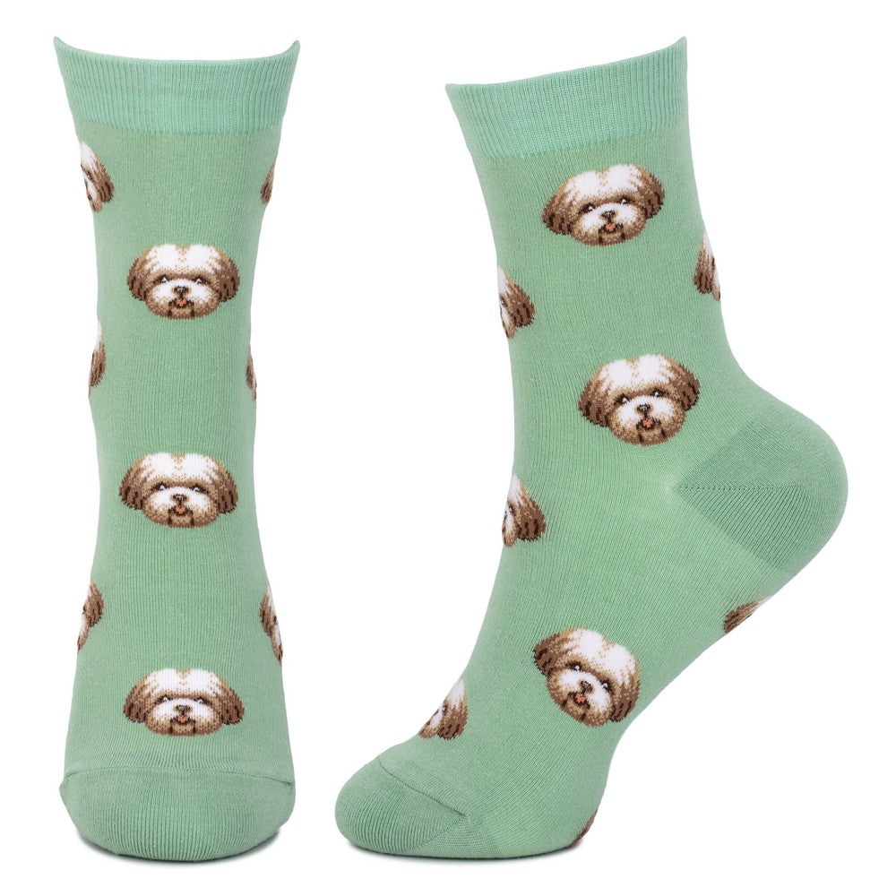 Ladies Shih Tzu Faces Green Socks