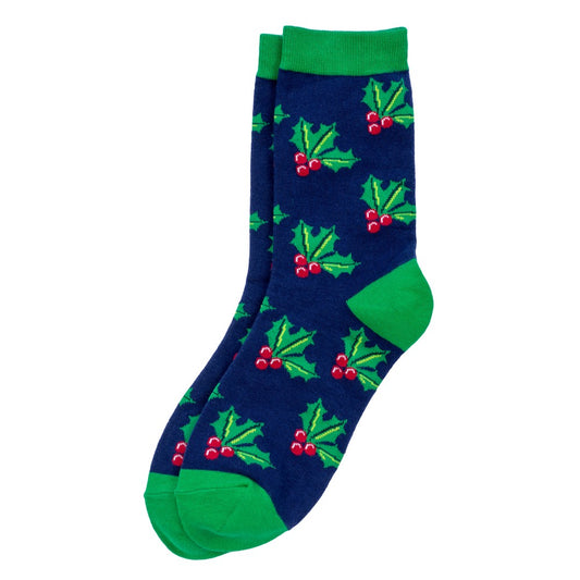 Ladies Holly Leaves Christmas Socks – Navy Blue
