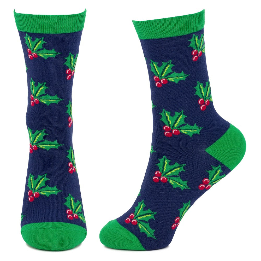 Ladies Holly Leaves Christmas Socks – Navy Blue